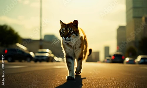 Striking low-angle shot of a confident little tiger walking on a city street, with a dramatic urban backdrop at sunset. wildlife in urban. action. symbolic storytelling