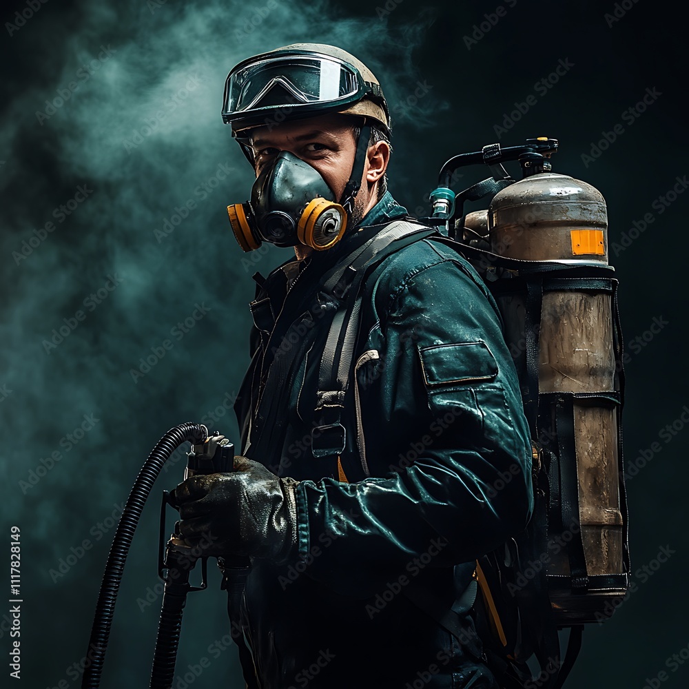 A firefighter in full protective gear, including a respirator, helmet, and oxygen tank, stands amidst smoke. A firefighter in full protective gear, including a respirator, helmet, and oxygen tank, stands amidst smoke.