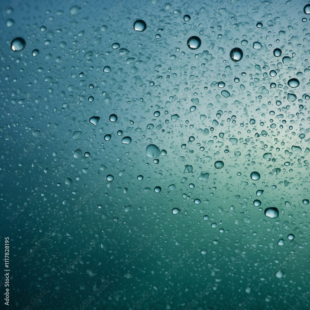 A misty glass with uneven water drops reflecting soft light, background fades into blue-green hues for a serene depth, fit for background A misty glass with uneven water drops reflecting soft light, background fades into blue-green hues for a serene depth, fit for background
