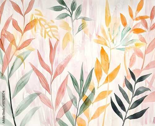 Watercolor paintings of various plants in soft, light pastel colors