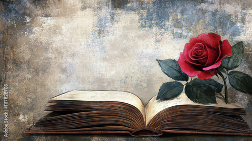 Celebration of the day of books and roses with an open book and red rose illustration. Diada de Sant Jordi (Saint George's Day). Horizontal banner. Copy space. Open book and red rose