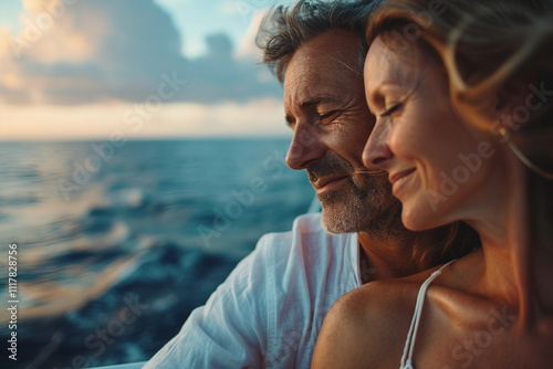 AI generated photo of beautiful married couple celebrate romantic vacation together on cruise trip photo