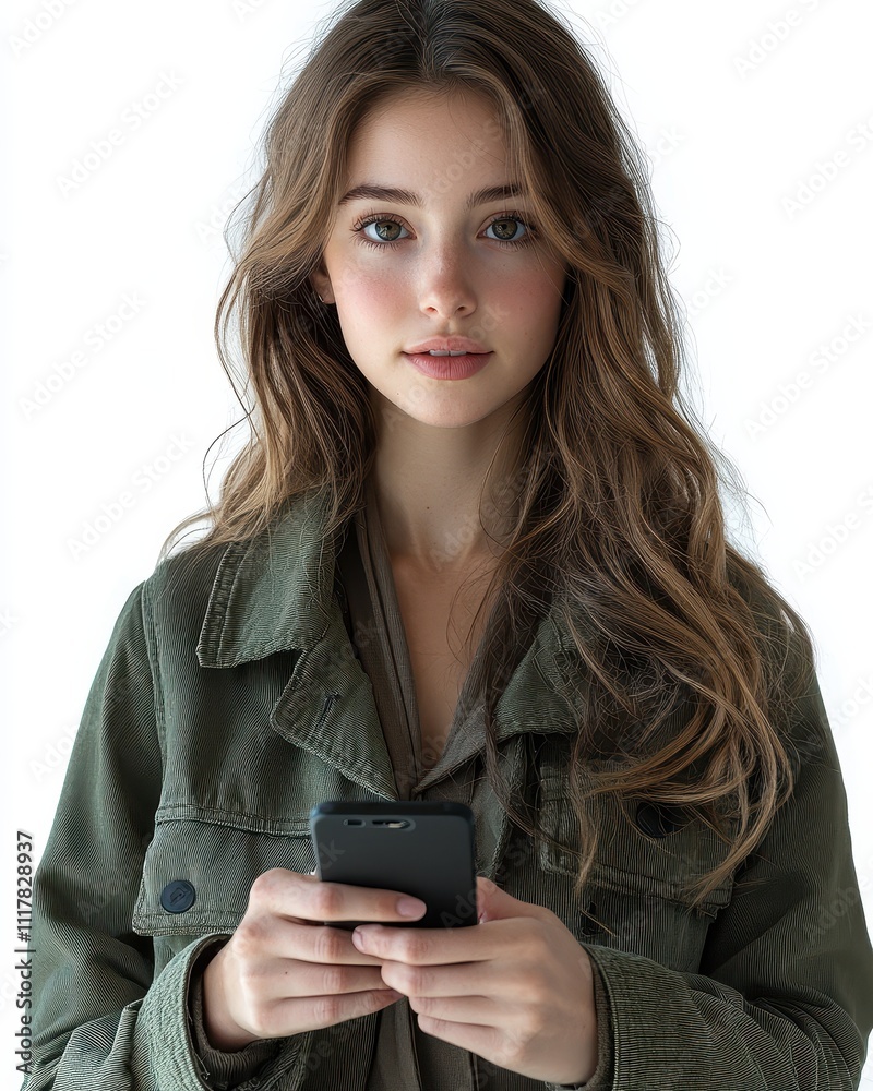 Young Woman with Long Brown Hair Using Smartphone, Wearing Green Corduroy Jacket - Studio Portrait Young Woman with Long Brown Hair Using Smartphone, Wearing Green Corduroy Jacket - Studio Portrait