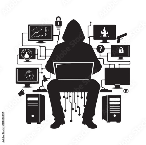 Computer hacker with laptop silhouette vector illustration
