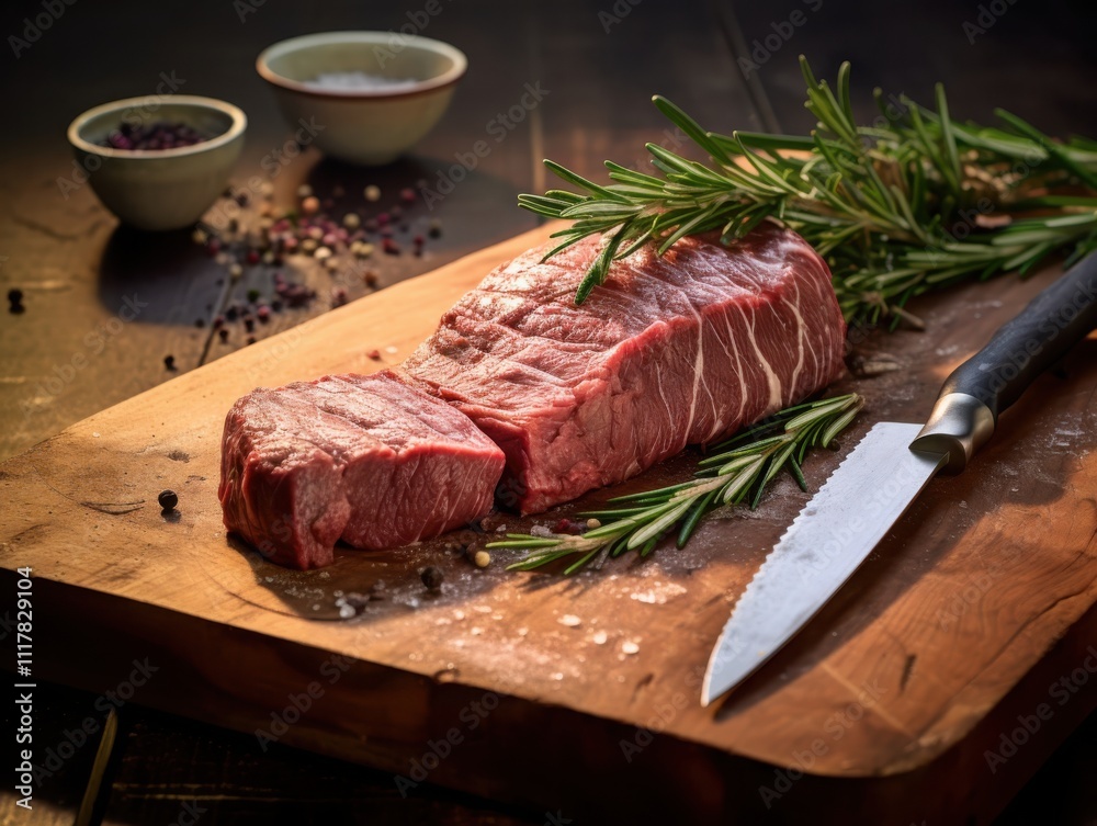 Preparing grassfed tenderloin on rustic wooden board with professional butcher knife soft focus photography Preparing grassfed tenderloin on rustic wooden board with professional butcher knife soft focus photography