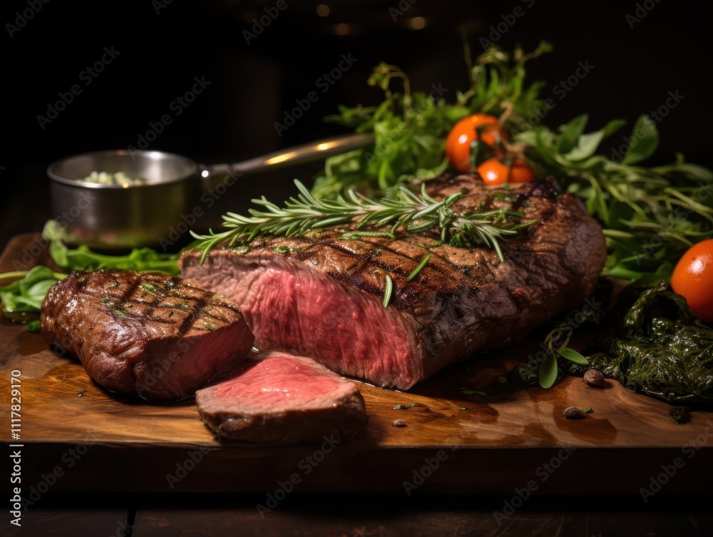 Crafting a rustic culinary experience grassfed sirloin with rich marbling professional butcher styling wooden backdrop atmospheric setting Crafting a rustic culinary experience grassfed sirloin with rich marbling professional butcher styling wooden backdrop atmospheric setting