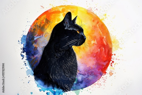 A curious black cat sits in front of a vibrant, multi-colored circle photo