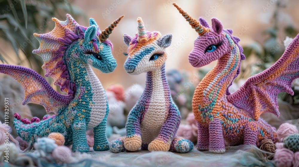 Obraz premium Magical fantasy creature crochet plushies, intricate mythical beings: dragon, unicorn, iridescent thread accents