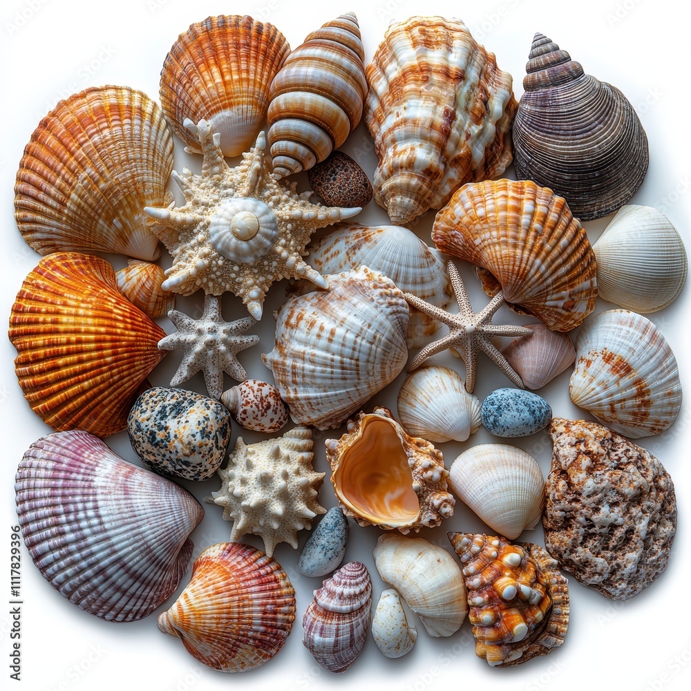 Vibrant Collection of Seashells Diverse Ocean Treasures on White Background - Stock Photo