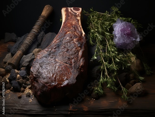 Aging process of grassfed dry-aged tomahawk steak in professional cellar rustic metal environment dramatic shadow play photo