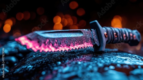 A striking close-up of a knife lies on a surface, illuminated with captivating light, emphasizing its sharpness and artistic craftsmanship in an intense visual context.