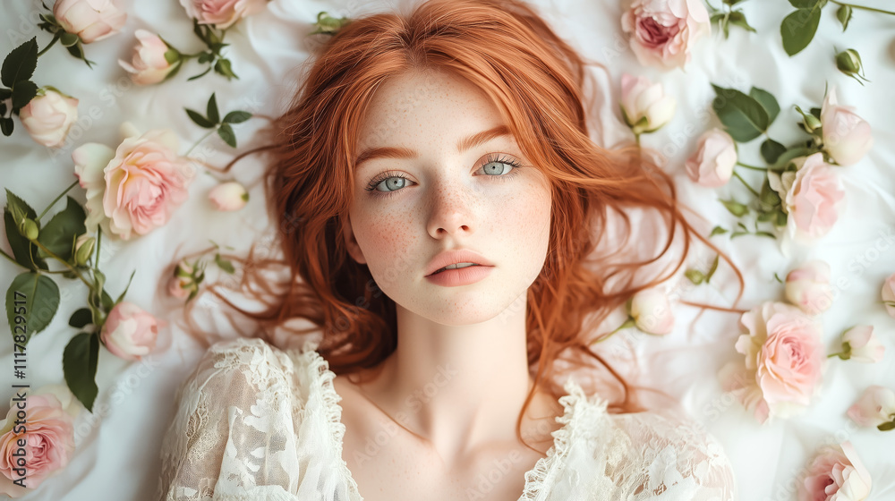 Obraz premium A serene red-haired woman with freckles lies on a white background surrounded by soft pink roses and green leaves. Her natural beauty, delicate lace dress, dreamy expression evoke elegance and romance