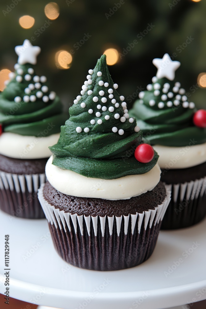 Festively Decorated Chocolate Cupcakes with Christmas Tree Frosting Festively Decorated Chocolate Cupcakes with Christmas Tree Frosting
