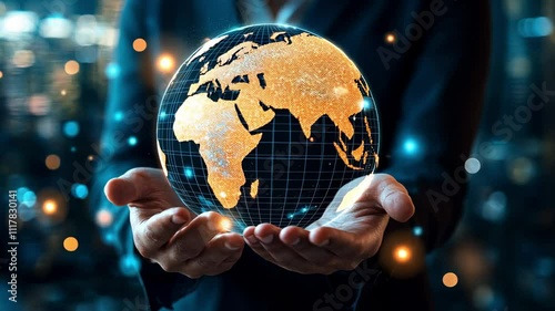 A glowing globe highlighting Asia and Australia held by hands, symbolizing global connection.