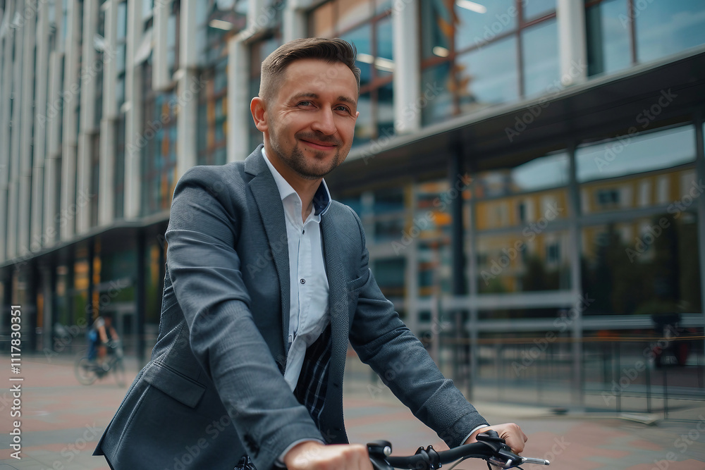 Generative AI image of businessman in suit riding eco-friendly bike Generative AI image of businessman in suit riding eco-friendly bike