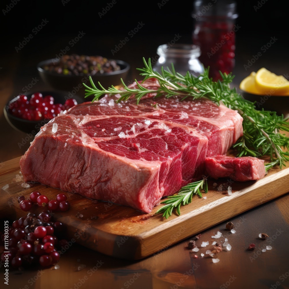 Preparing dry-aged prime cut on deep burgundy wooden surface in professional kitchen for culinary excellence Preparing dry-aged prime cut on deep burgundy wooden surface in professional kitchen for culinary excellence