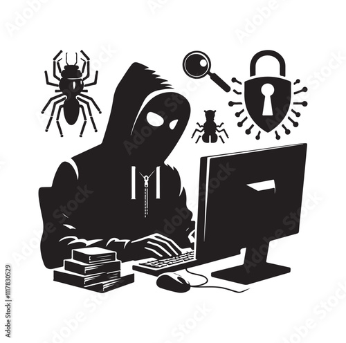 Computer hacker with laptop silhouette vector illustration
