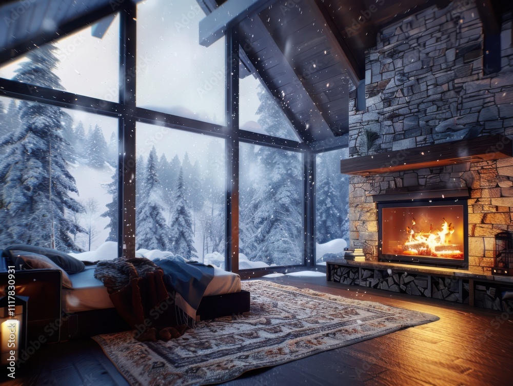 Fototapeta premium Embrace winter serenity cozy cabin interiors with roaring fireplaces warm blankets and snowy views
