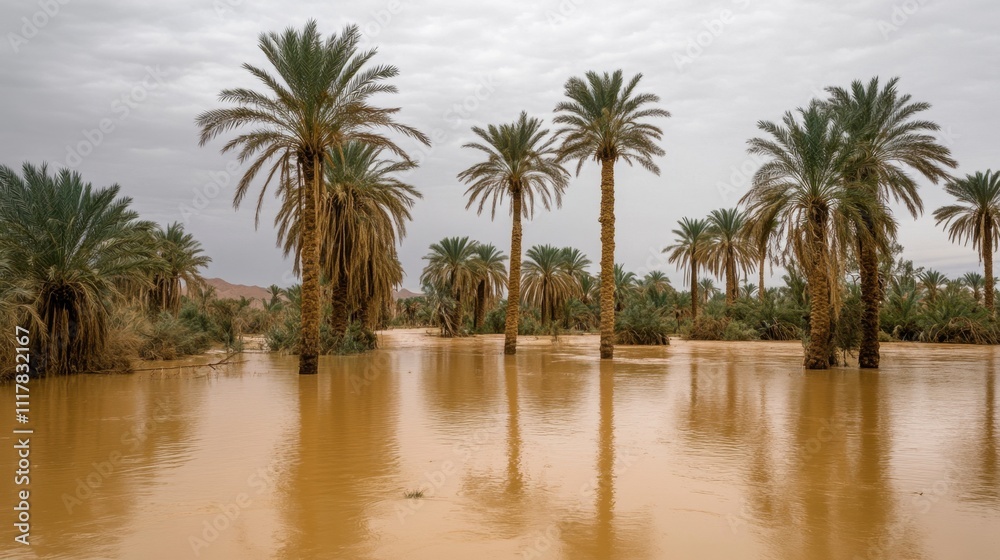 Serene Oasis in Desert with Palm Trees Reflected in Water Serene Oasis in Desert with Palm Trees Reflected in Water