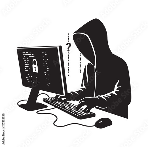 Computer hacker with laptop silhouette vector illustration