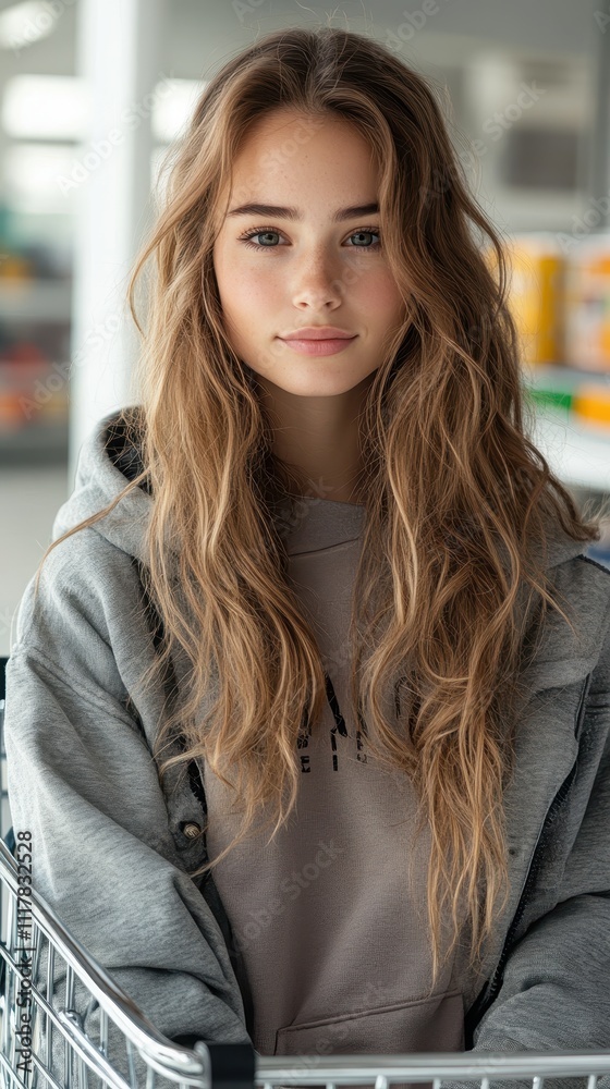 Fototapeta premium Portrait of a Young Woman with Long Blonde Hair in a Shopping Cart at the Supermarket
