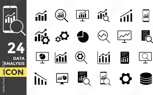 data analysis Solid icon set. Research, Information technology sign. Containing computing, server, OS, internet, network, security icons collection. Market prediction icon symbol
