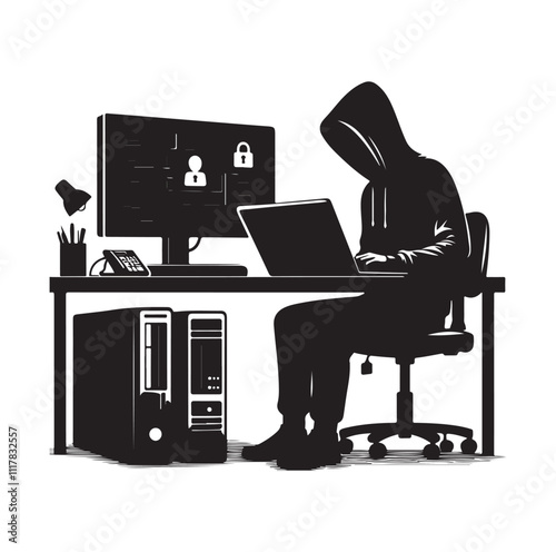 Computer hacker with laptop silhouette vector illustration