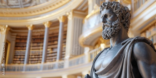 ancient wisdom integration, right side black marble statue of ancient greek stoic with library backdrop ancient wisdom meeting universe left side blank space for text