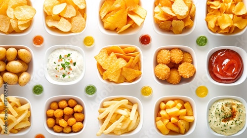 potato snack platter, assorted potato snacks with vibrant dips presented on a tray create a colorful scene photo