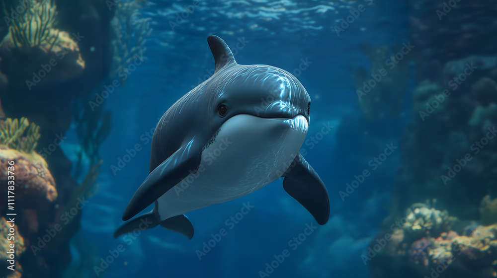Dolphin swimming in aquarium, Marine dolphin with coral background Dolphin swimming in aquarium, Marine dolphin with coral background
