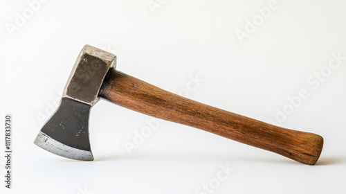 A vintage axe with a wooden handle and metal blade, displayed on a clean white background. The rustic tool showcases craftsmanship and simplicity.