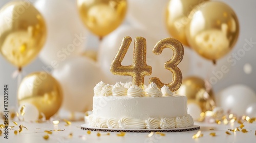 Elegant 43rd birthday celebration cake with golden balloons and decorations photo