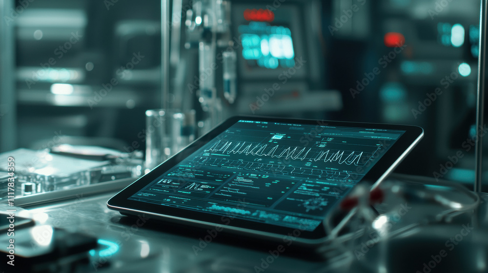 High resolution photograph of modern tablet displaying data in tech environment. sleek design and vibrant screen capture attention High resolution photograph of modern tablet displaying data in tech environment. sleek design and vibrant screen capture attention