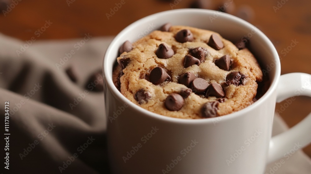 Delicious Mug Cookie with Chocolate Chips on Wooden Background Delicious Mug Cookie with Chocolate Chips on Wooden Background