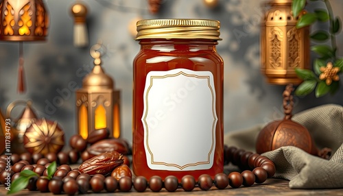 Amber Jar of Dates with Ramadan Decorations and Prayer Beads