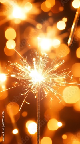 A vibrant new year sparkler radiates golden light against a blurred background of warm bokeh, creating a festive and celebratory atmosphere.