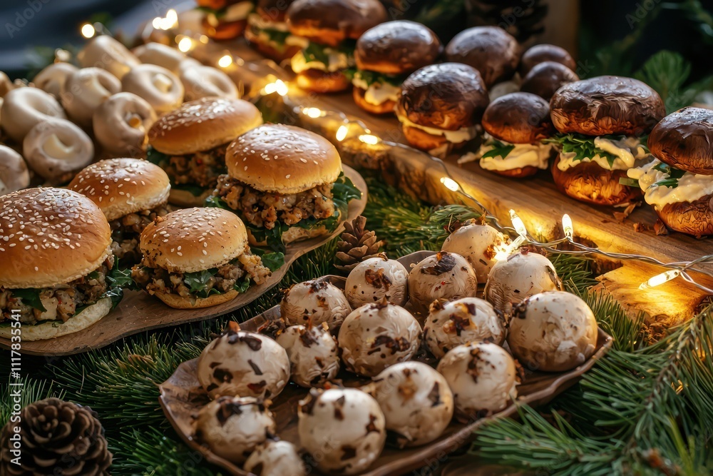 A holiday grazing table brimming with festive appetizers like sliders and stuffed mushrooms, decorated with fairy lights and pine cones, capturing the spirit of the season. A holiday grazing table brimming with festive appetizers like sliders and stuffed mushrooms, decorated with fairy lights and pine cones, capturing the spirit of the season.