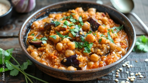 Harissa Chickpea Stew with Eggplant and Millet. Moroccan Vegetable Tagine with Couscous