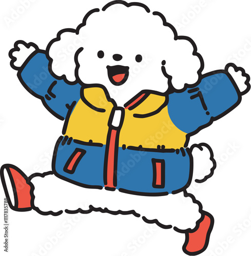 Adorable Poodle in Winter Jacket and Boots Walking Cheerfully