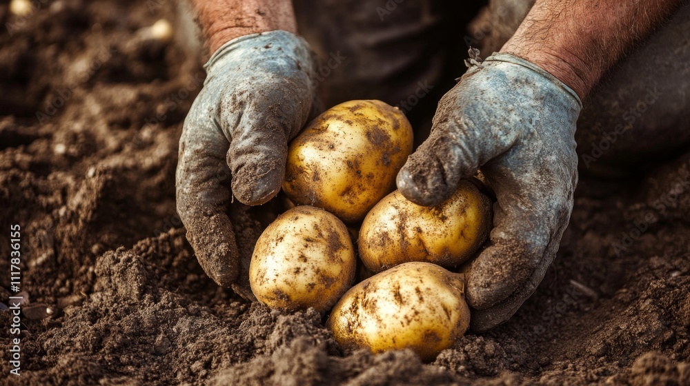 Harvesting Fresh Potatoes by Hand in Soil Harvesting Fresh Potatoes by Hand in Soil