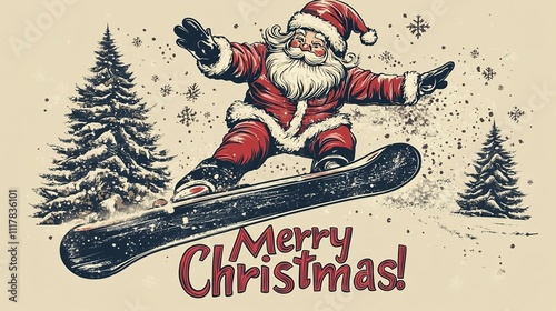 Santa Claus snowboarding on a Christmas greeting card