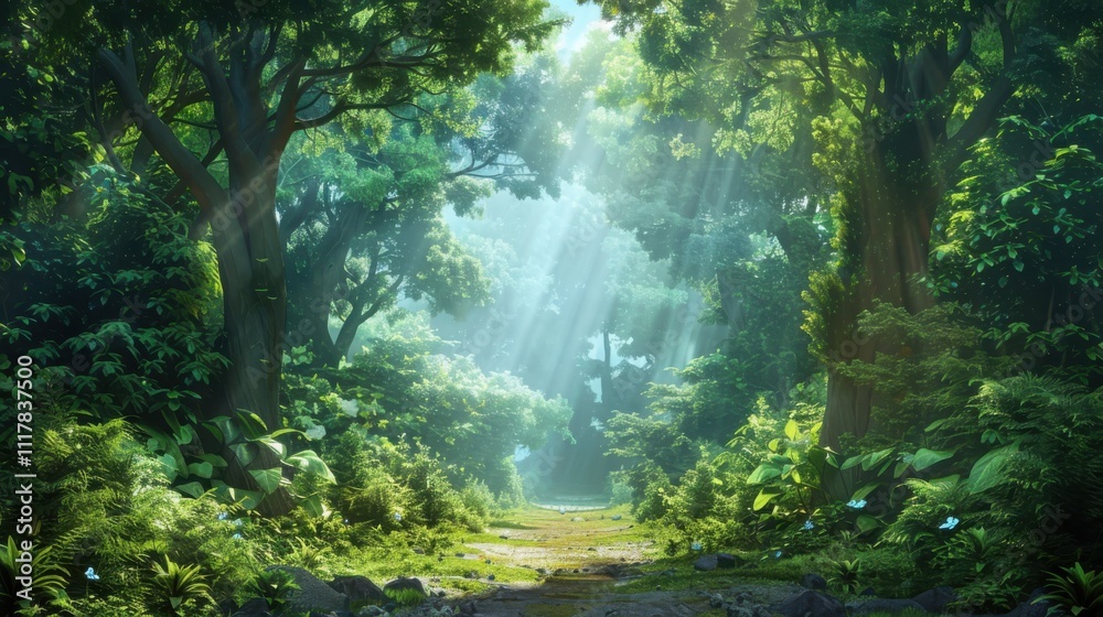 Exploring an adventurous hiking trail through a dense forest with sunlight filtering and wild animals nature's beauty unveiled