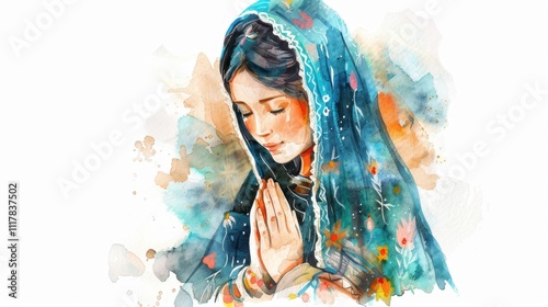 Virgin of Caacupe Day Watercolor portrait of woman in prayer with blue floral headscarf photo