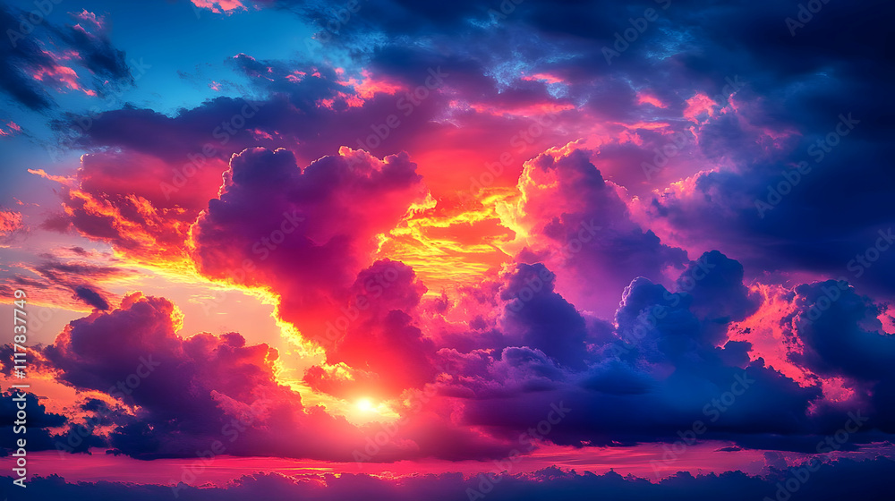 Fototapeta premium Fiery Sunset Sky with Dramatic Clouds - Illustration