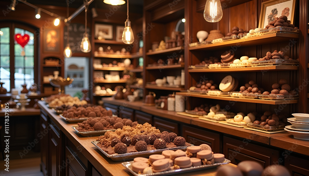 Elegant chocolate shop display featuring assorted chocolates and confections, inviting atmosphere, workshop, copy space Elegant chocolate shop display featuring assorted chocolates and confections, inviting atmosphere, workshop, copy space