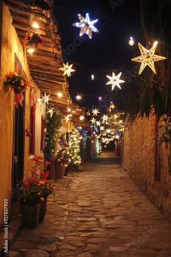 Las Posadas Magical christmas street with starry lights and festive decorations