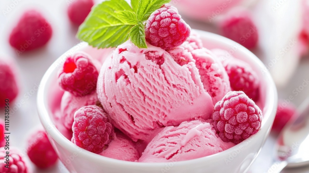 National Raspberry Pop Over Day Creamy raspberry ice cream with fresh berries and mint garnish in a white bowl