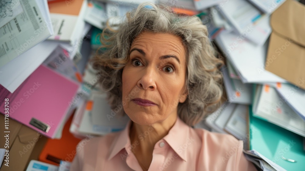 Stressed senior woman surrounded by Overwhelming paperwork highlighting the challenges Of aging and administrative burdens. Stressed senior woman surrounded by Overwhelming paperwork highlighting the challenges Of aging and administrative burdens.
