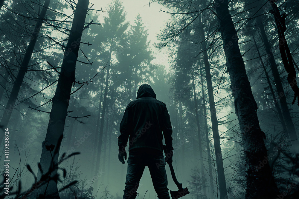 Generative AI image of spooky woodcutter in foggy burning forest with sinister Halloween horror theme Generative AI image of spooky woodcutter in foggy burning forest with sinister Halloween horror theme