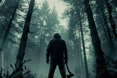 Generative AI image of spooky woodcutter in foggy burning forest with sinister Halloween horror theme